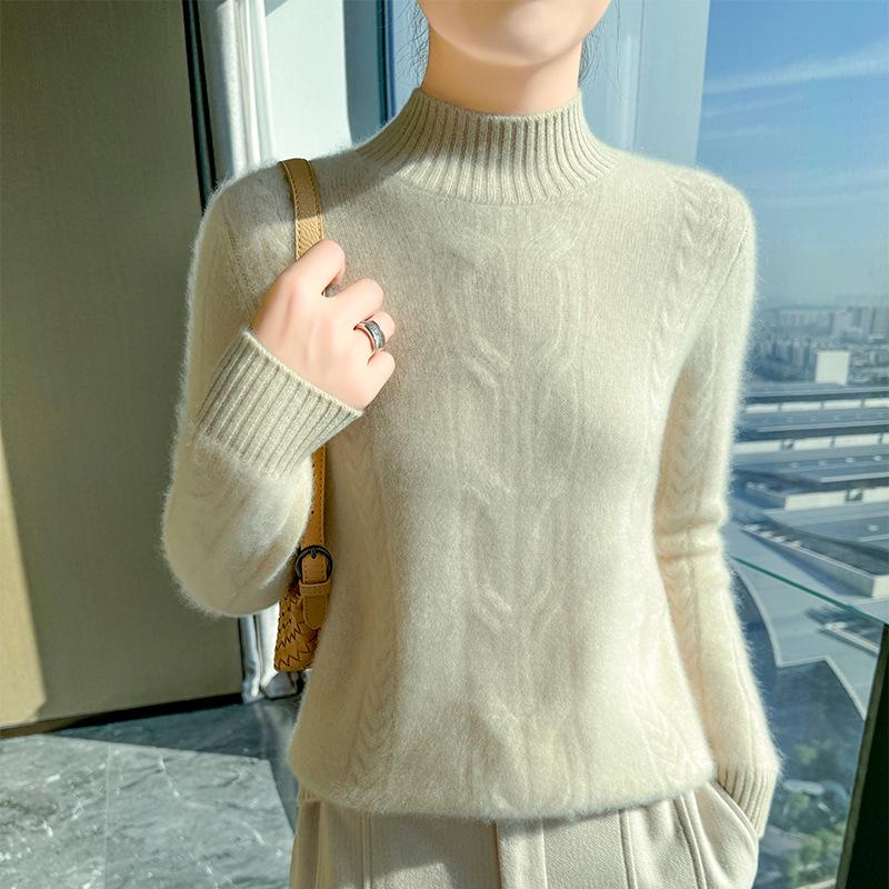 2024 Women's Autumn/Winter Wool Sweater - Solid Color, Thick Knit, Half-High Collar, Long Sleeve, Cable Knit Base Layer