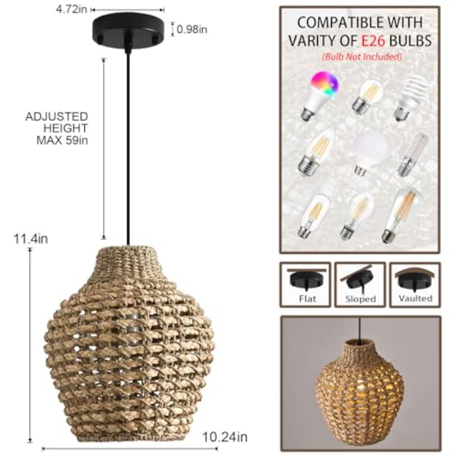 2-Pack Rattan Pendant Light 10.24 Boho Small Hand-Woven Lighting Modern Wicker Coastal Adjustable Rattan Chandelier for Kitchen