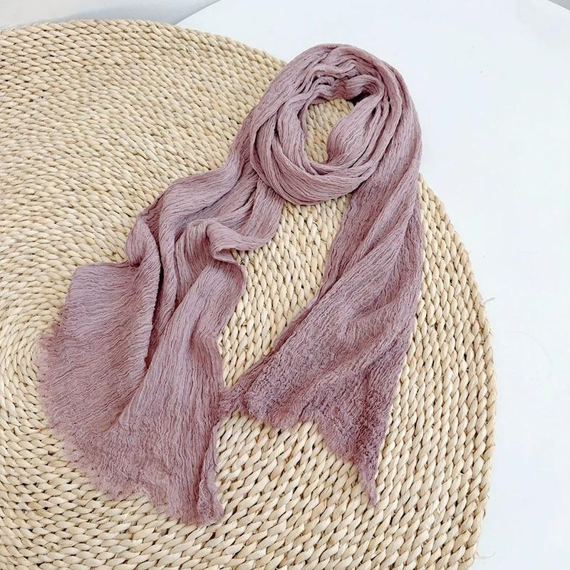 Solid Color Cotton Crinkled Scarf for Women Retro Neck Warmer Decorative Narrow Long Striped Scarf Wrap Shawl for Autumn 220cm