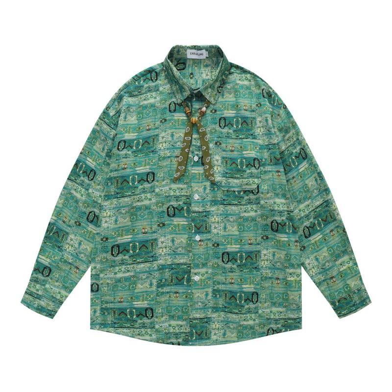 American Vintage Green Tribal Print Long Sleeve Shirt Loose Fit Teens