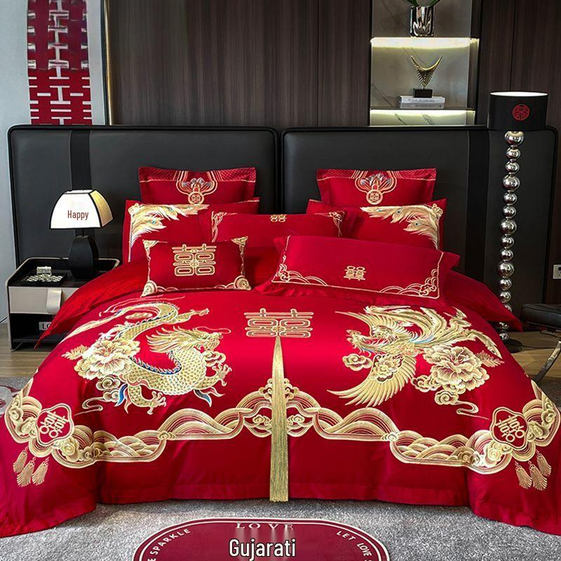 G5Z Κινεζικού Στυλ Κεντητό Κόκκινο Σετ Κλινοσκεπασμάτων Γάμου - Εορταστικό Τετραπλό Σετ με Παπλωματοκάλυμμα για Νιόπαντρα