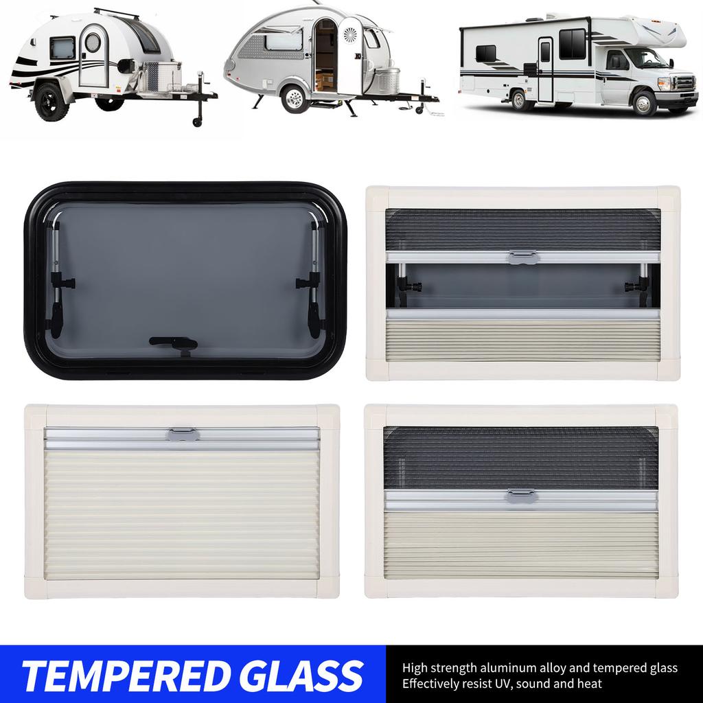 Okno do kampera z wypychaniem, zaokrąglony narożnik, odporne na UV, dwuwarstwowe, izolowane, pręt ze stopu aluminium z siatką, osłona przeciwsłoneczna