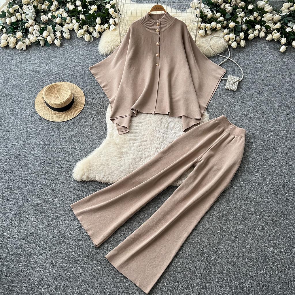 Casual Loose-Fit Batwing-Sleeve Knit Cardigan and Wide-Leg Pants Two-Piece Set for Women 2026 Fall Winter Cape Sweater  Elegant Lady Pants Outfit