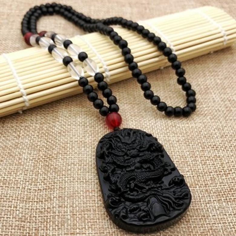 Men's Domineering Pixiu & Dragon Necklace with Guan Yu Pendant - Imitation Obsidian Couples Gift