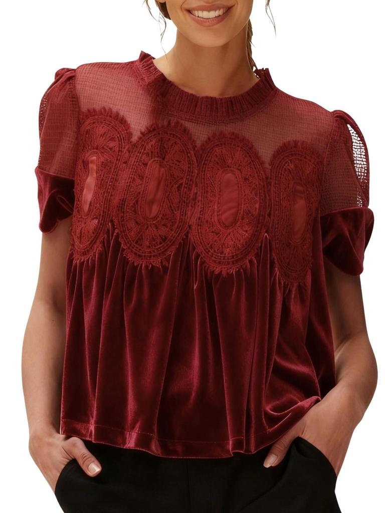 Women's Elegant Velvet Lace Round Neck Bell Sleeve Top