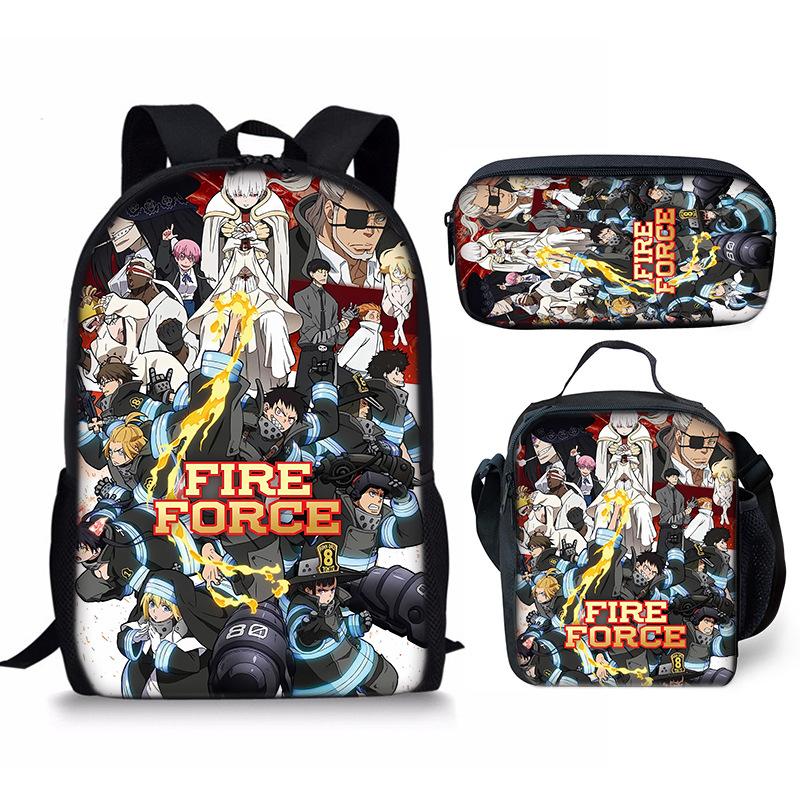 Klassiek Populair Fire Force seizoen 3D Print 3 stuks/Set leerling Schooltassen Laptop Dagrugzak Rugzak Crossbody Lunchtas Etui