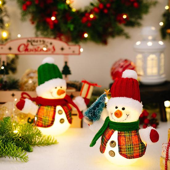 Christmas Plush Snowman Doll Tabletop Decoration Lighted Small Snowman Ornament for Winter Home Kitchen Mantel