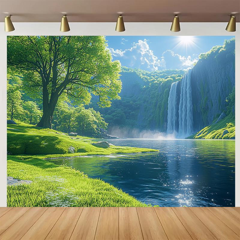 1, 2D banner, waterfall and green landscape polyester banner, room and party decoration, photography background