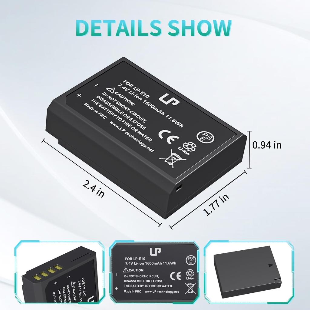 LP LP-E10 Battery Rechargeable, Charger Compatible with Canon EOS Rebel T7, T6, T5, T3, T100, 4000D, 3000D, 2000D, 1500D, 1300D, 1200D, 1100D & More