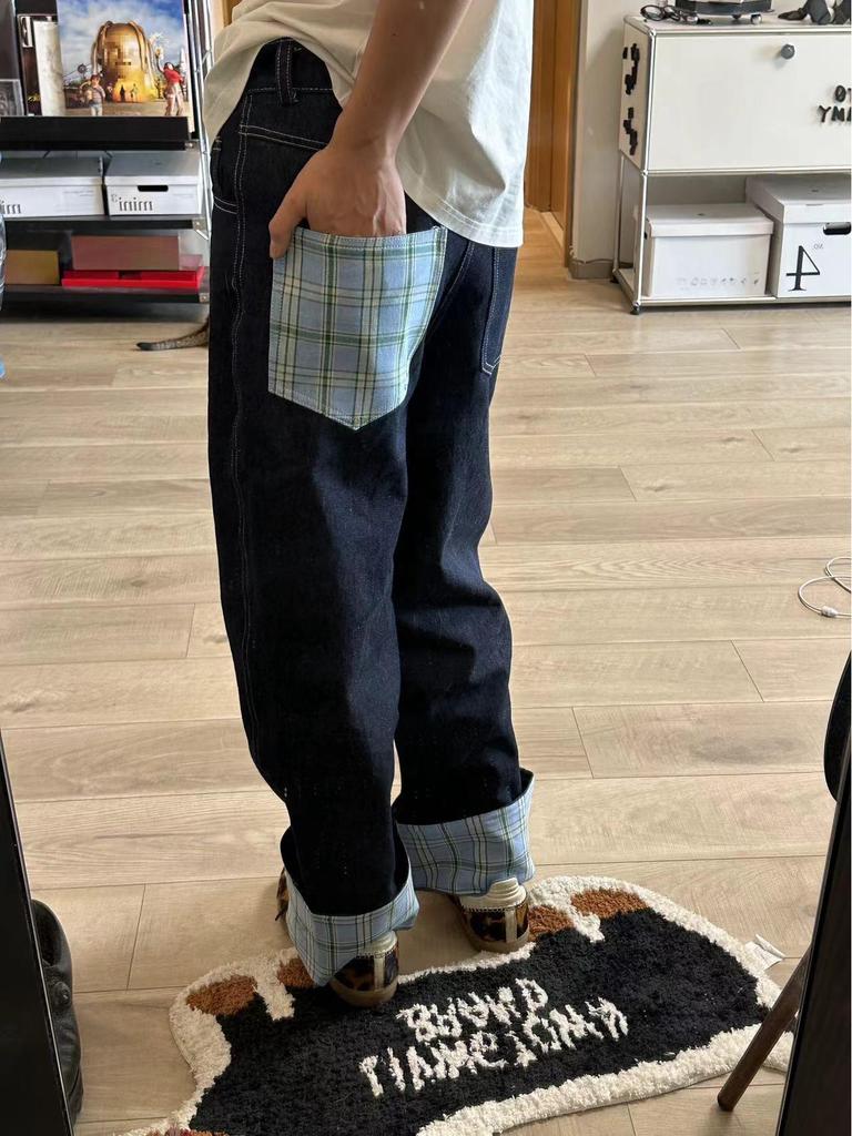 Męskie Jesienne Dżinsy w Kratę z Szerokimi Nogawkami, Podwinięte - Luksusowe, Luźne, Proste
