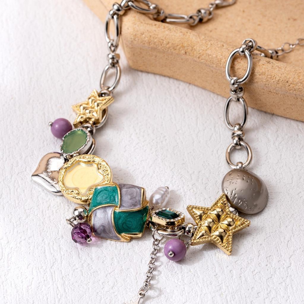 Punk Sweet Cool Wind Metal Heavy Industry Enamel Color Pentagram Multi-pendant Collarbone Chain Necklace