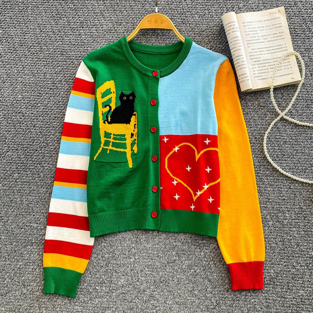 Herbst Winter Damen Damen O-Ausschnitt Cartoon Print Einreihig Gestrickte Pullover Strickjacken Tops für Schülerin