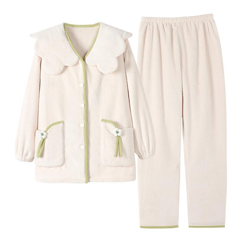 Autumn and winter pajamas women's coral fleece fleece warm simple casual carved flannel outerwear loungewear suit winter