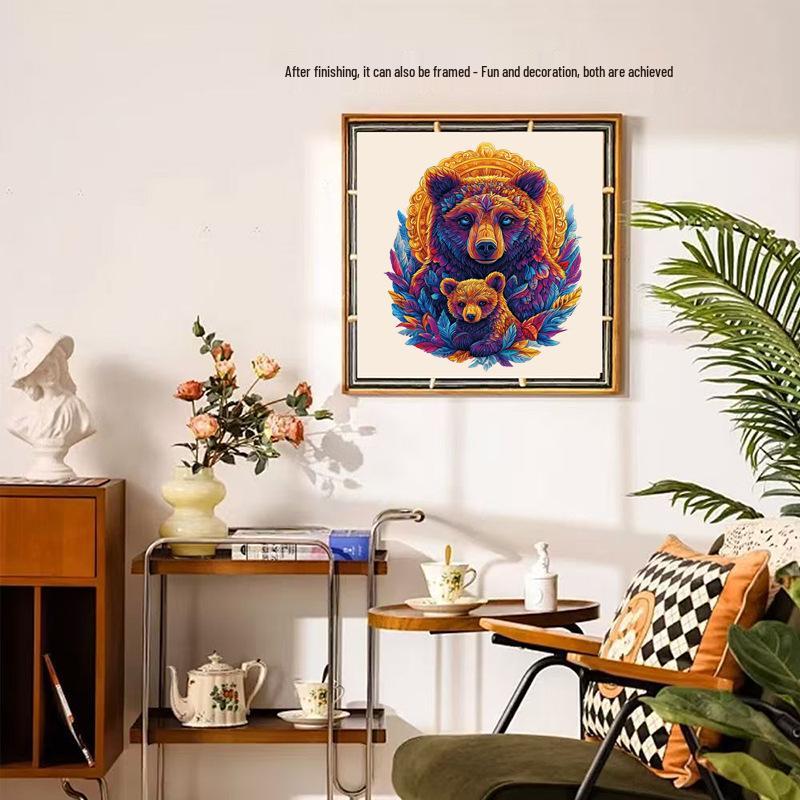 HOOLOOG Brown Bear Totem Cross-Stitch Puzzle: Decorative Wooden Educational Toy & Decompression Gift
