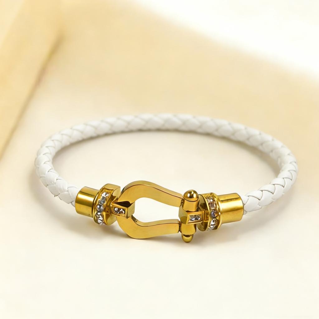 2026 Popular Pulsera en Forma de U de Herradura Tejida Microincrustada Ladrillo Medio Cuerda de Cuero de Doble Capa Hebilla Magnética Pulsera de Herradura
