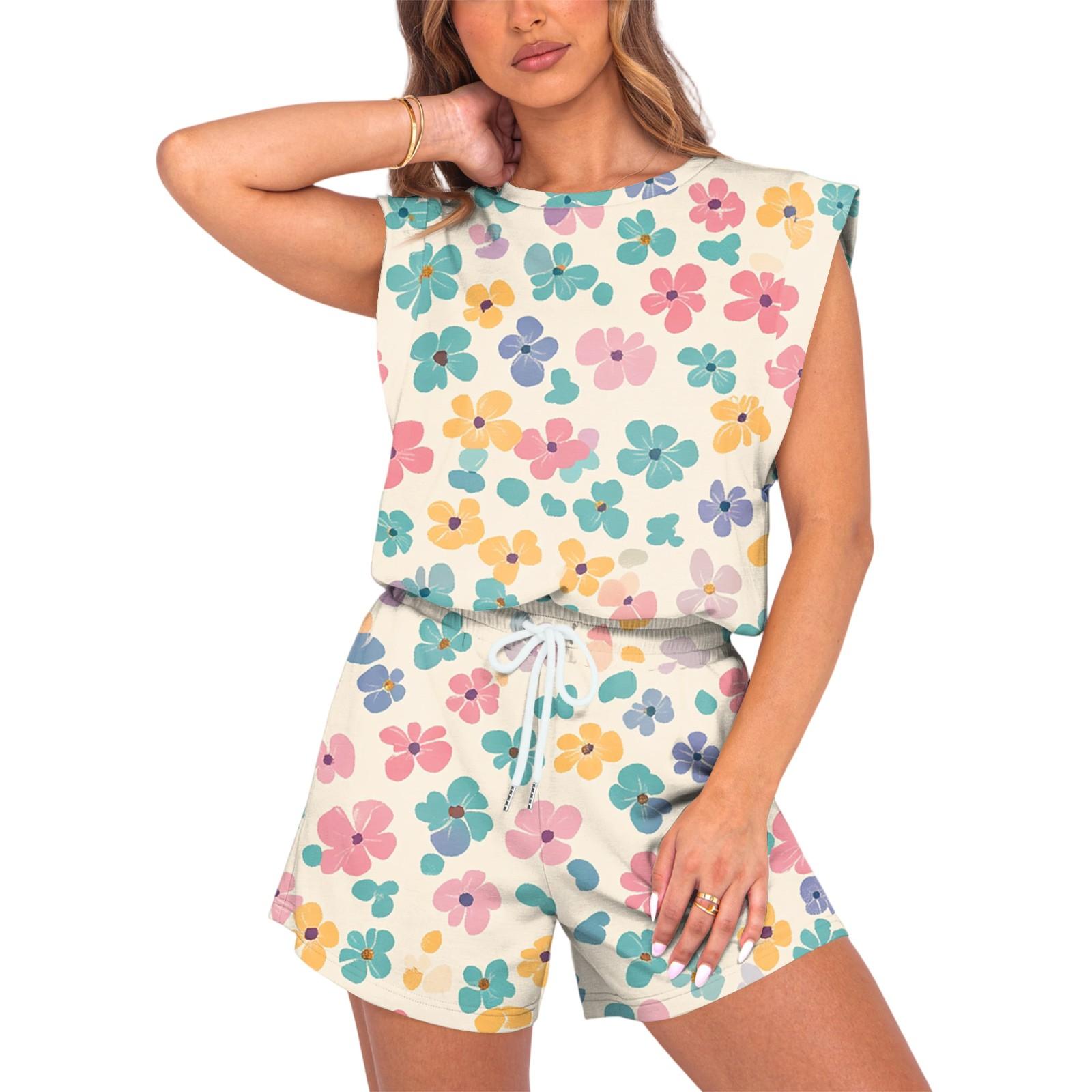 

Women s Jumpsuit Floral Print Spring Summer Cap Sleeves Adjustable Drawstring Waist Comfortable Casual Short Jumpsuit With Pockets XXL