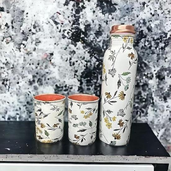 Copper Water Bottle 1 Ltr | Copper Water Bottle with Glass Set | Meena Work | 100% Pure | Leak-Proof | 2 Water Glass 300ml each