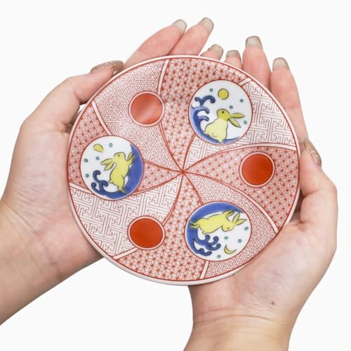 Hergestellt in Japan, Kutani-Keramik, Kutani Gosai Keramik, magnetisch, kleiner Teller, glücklicher kleiner Teller, Geschirr, japanisches Geschirr, 12cm, Kaninchen-Design, lebhaft