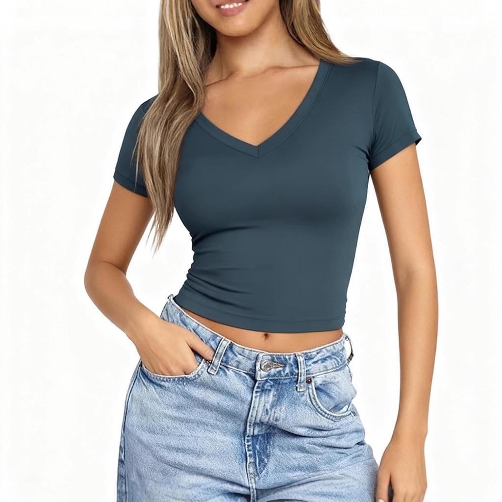 Women's V-Neck Slim Fit Milk Silk Short-Sleeve Top - Solid Color