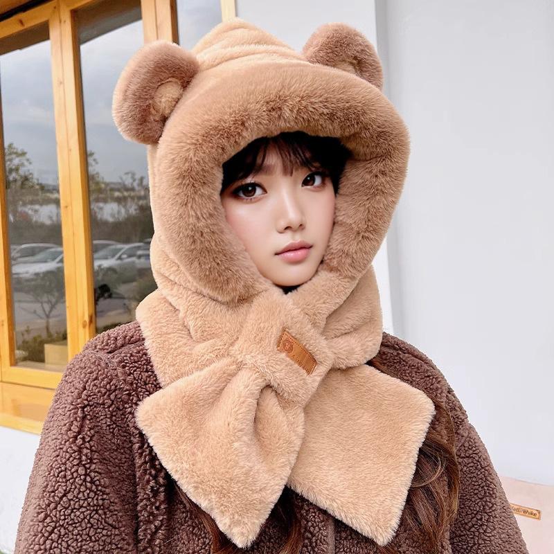 Cute Bear Hat Gloves Three In One Scarf Plush Hat for Women In Winter Riding Easy Outdoor High End Warm Hat
