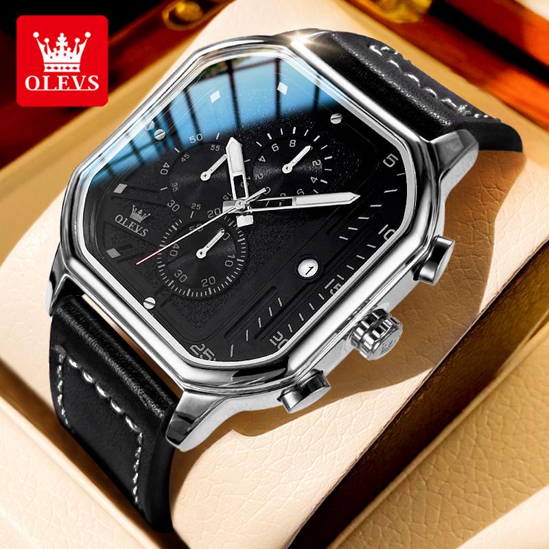 OLEVS 9950 Trend Brand Original Men's Watches Square Waterproof Chronograph Quartz Watch Luminous Leather Strap Male Wristwatch