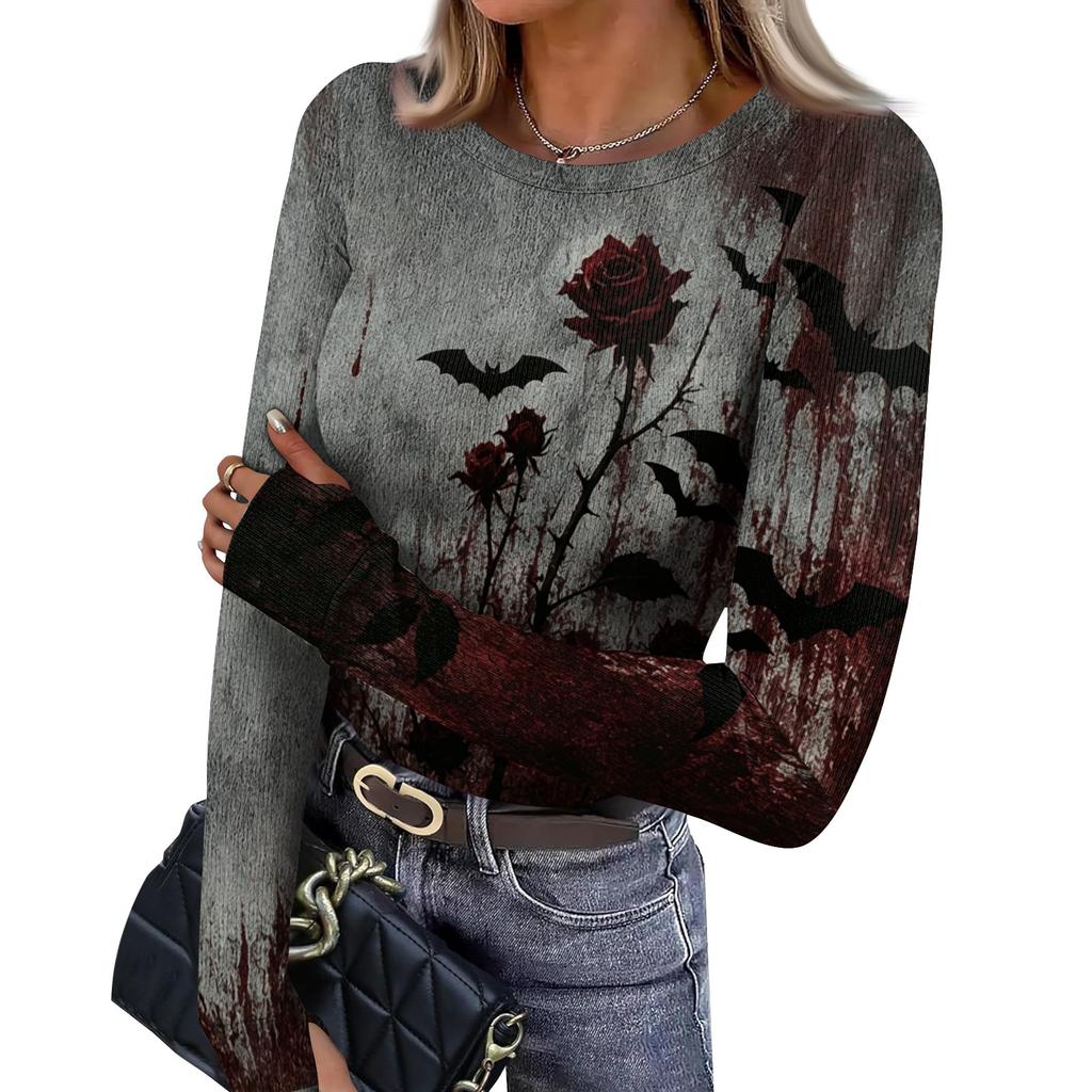 Women's Slim Fit Halloween Print Pullover Long Sleeve T Shirt Crew Neck Base Layer Top with Thumb Hole Cuffs