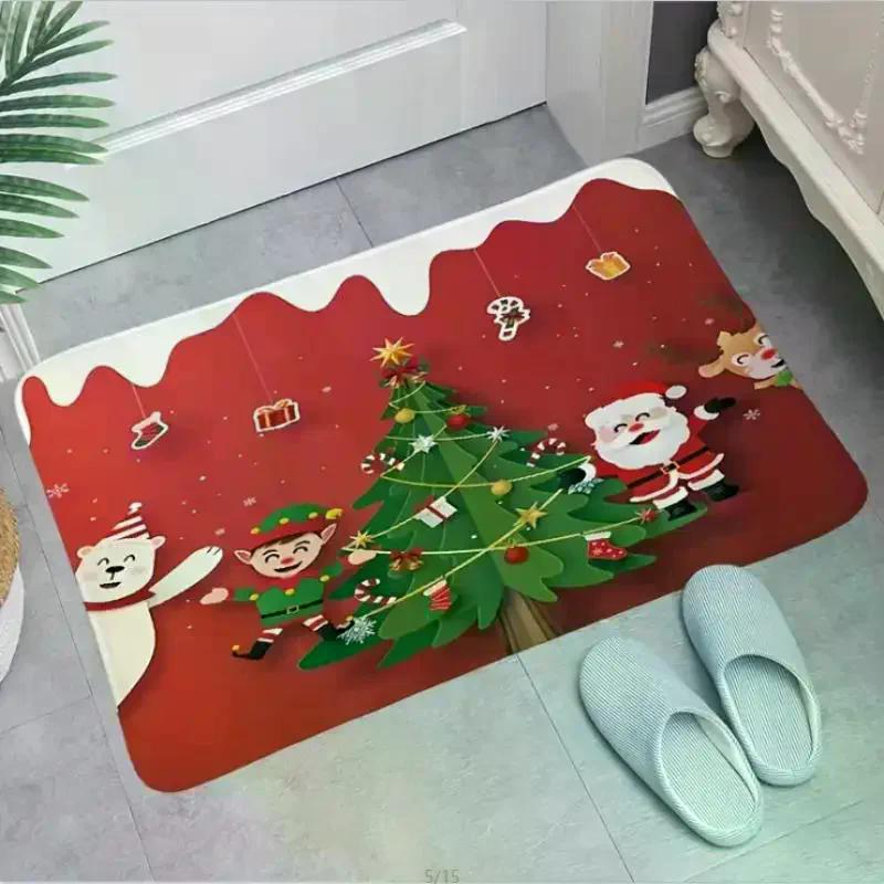 Christmas Theme Door Mat With Santa Claus Snowman Christmas Tree Patterns Soft Decorative Entryway Rug For Xmas Season Decor