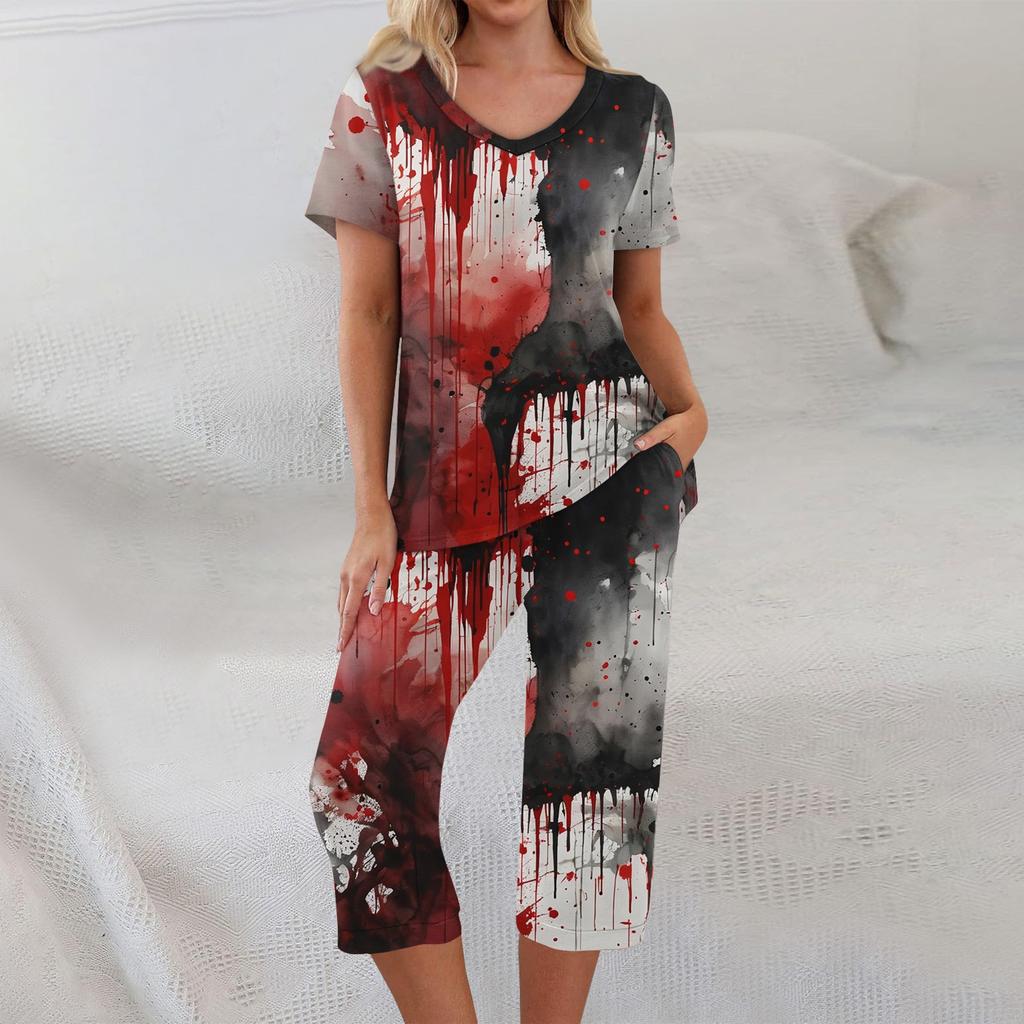 2 Piece Sets For Women Short Sleeve Top And Pants With Pockets Workout Soft Halloween Print Sets