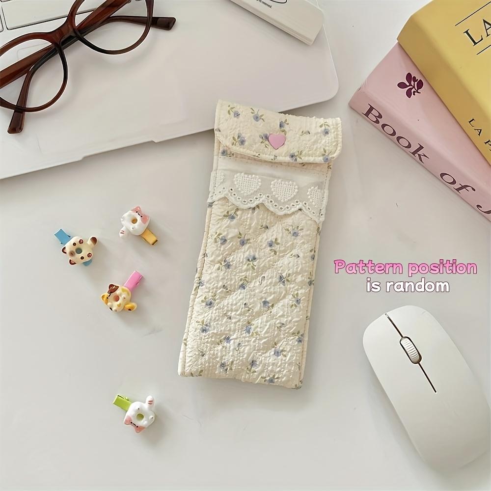 

Cute Purple Glasses Case with Heart & Flower Print Soft Cover Ruffled Edges and Carry Strap Eyewear Storage Bag for Women Girls