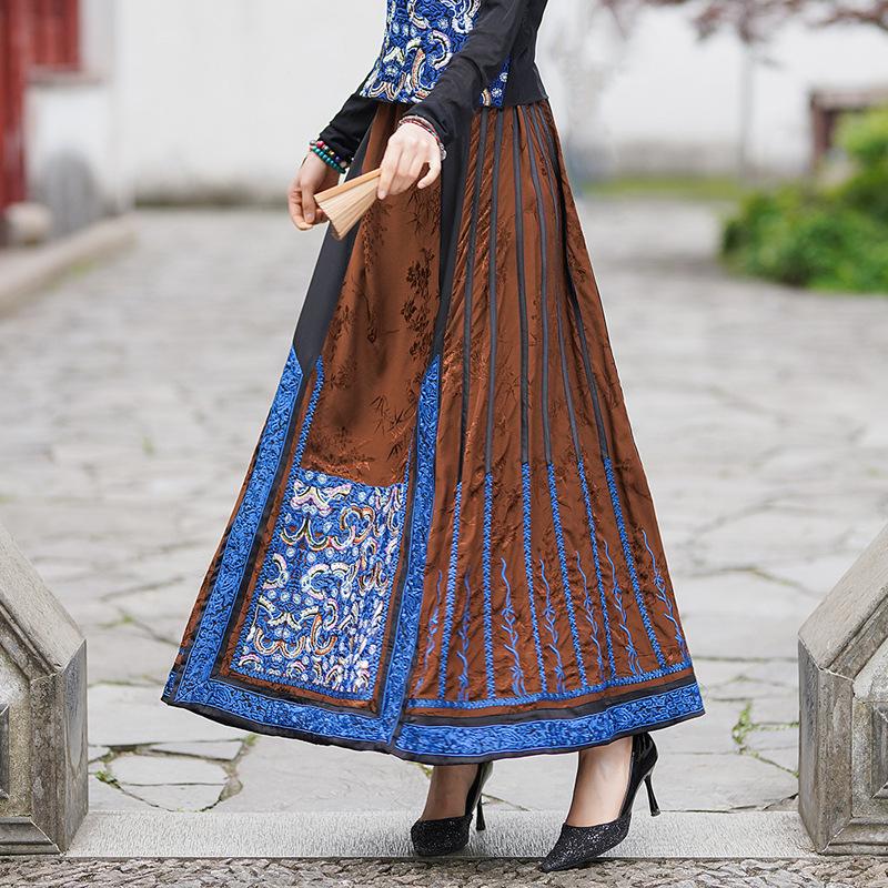 

Women s Ethnic Style Retro Embroidered Long Dress with Elastic Waist One Size чёрный