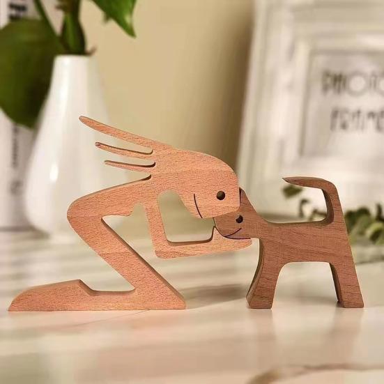 Dog Wooden Sculpture Pet Memorial Gift Dog And Man Woman Statue Home Decor Puppy