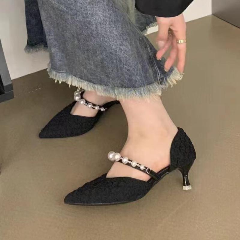 

Fashion Summer Elegant Pleated Pointed Toe Fine Heel Temperament Baotou Sandals Spring New Back Baotou Heel Single Shoes Fashion Pearls 35 чёрный