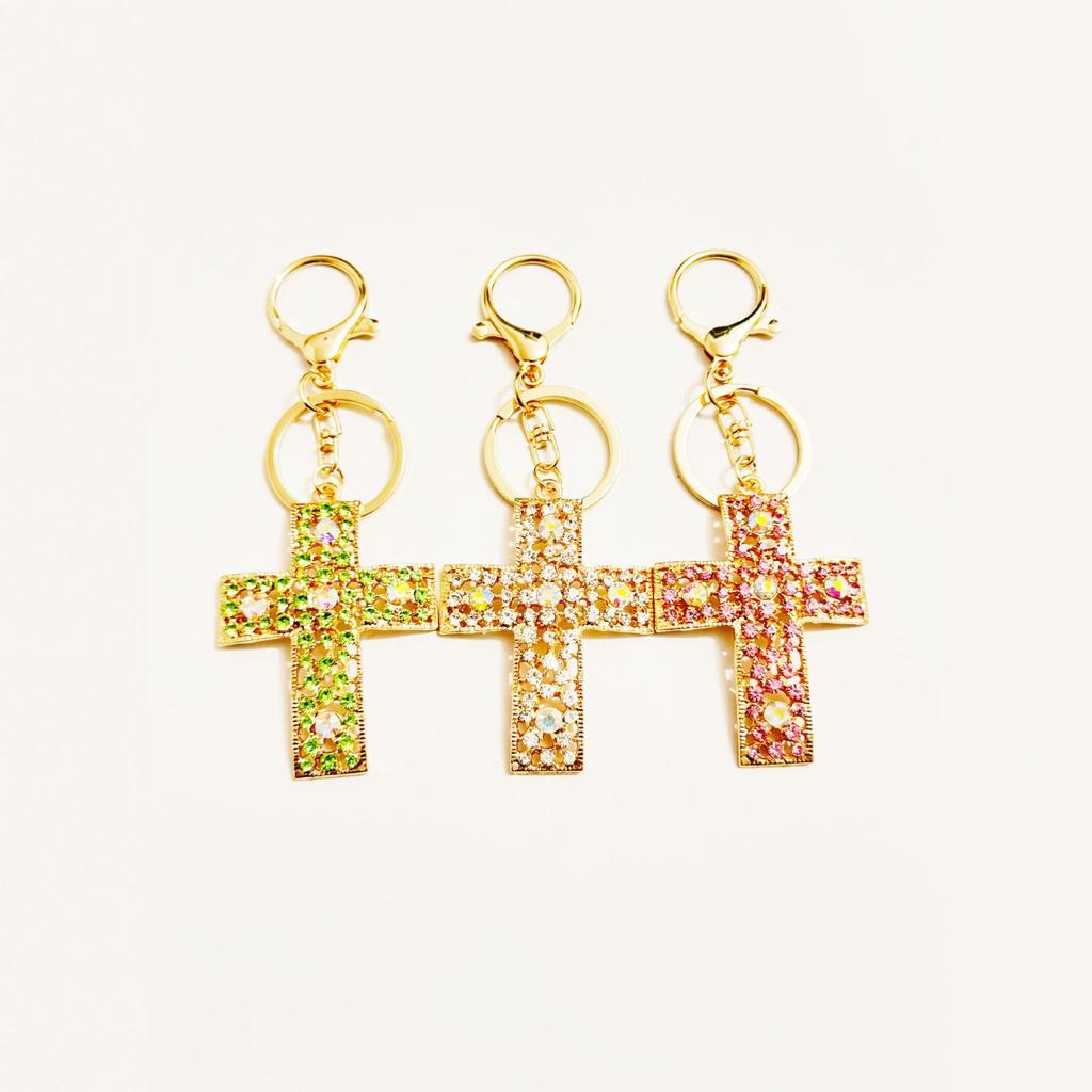 Rhinestone Cross Charm Keychain & Pendant - Vintage Style