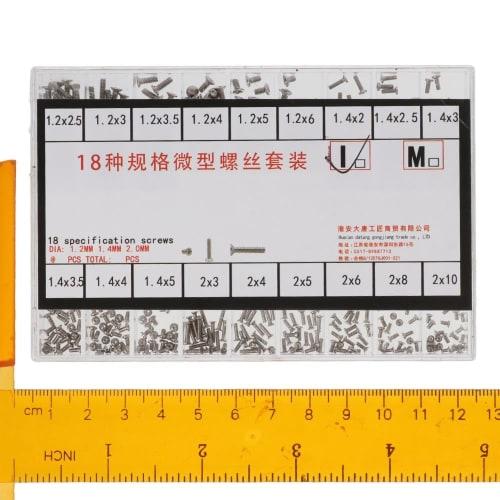 Small Screw Assortment Kit, 18 Types of M1.2 / M1.4 / M2.0 Mini Micro Screws Set, Flat and Countersunk Head for Sunglasses, Eyeglasses, Clocks, and Ta