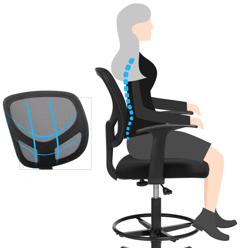 SONGMICS Office Chair Ergonomic Work Stool with Armrests Seat Height 55-75 cm High Work Chair with Adjustable Foot Ring Load Capacity 120 kg Black