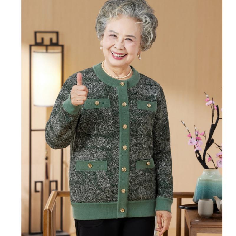 Loose Old Lady Spring and Autumn Coat Old Man Clothes Women Old Man Grandma Sweater Mother Clothing Thin Knitted Cardigan