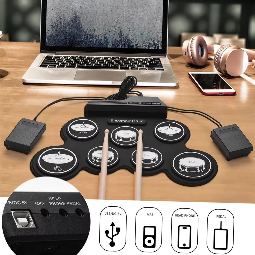 Folding Electric Drum Set Silicone Practice Drums Pad Kit Portable Music Drums