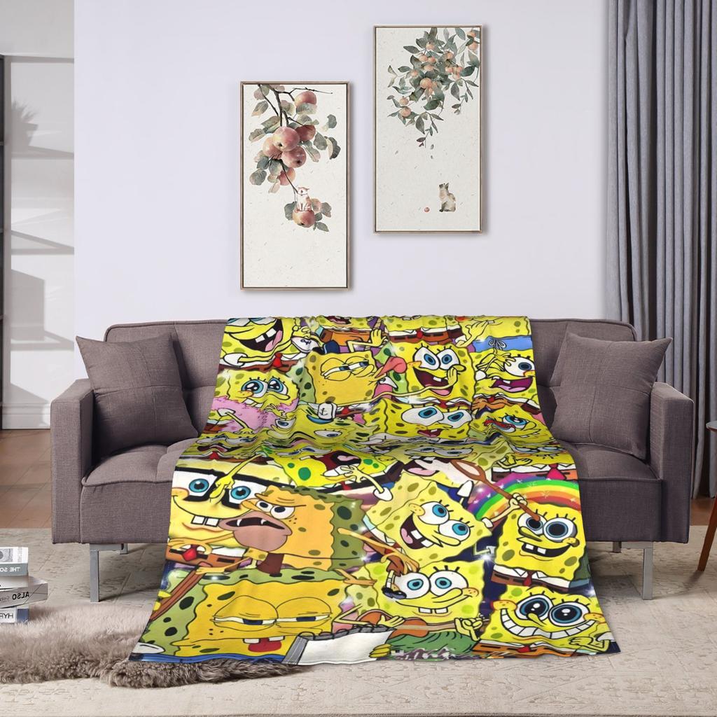 SpongeBobs Vintage Dense Character Scrap Flannel Blanket Warm Bedding Throws for Girls Boys Home Decor Bedspread Sofa Bed Cover