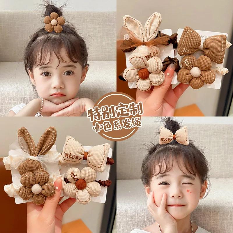 Korean Cartoon Chocolate Elastic Hair Bands Bear Rabbit Hair Ties Rope Girls Gum Smile Flower Scrunchies Kid Ponytail Holder