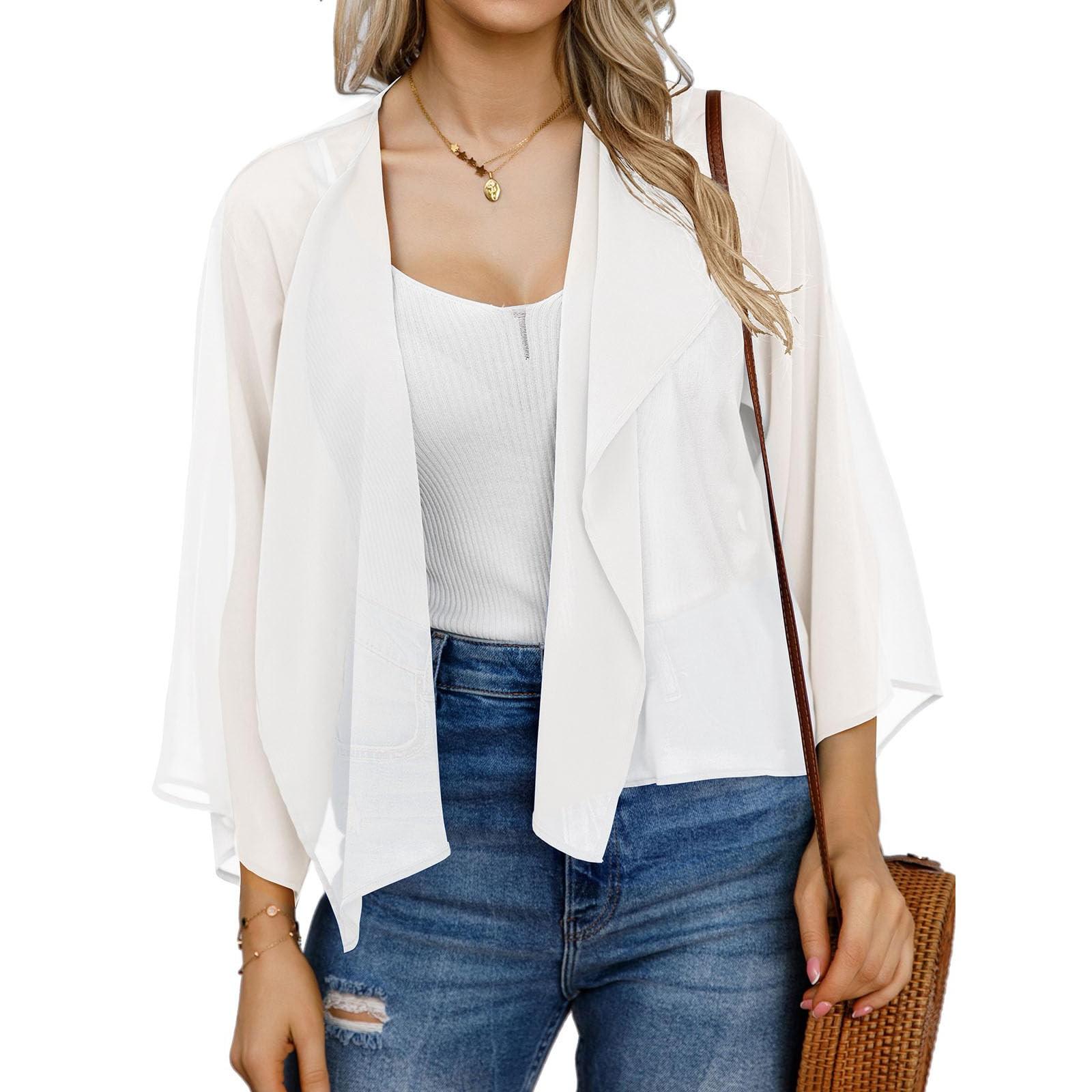 

Женский короткий кардиган из шифона свободного кроя с рукавами-клеш однотонный солнцезащитный топ XL белый