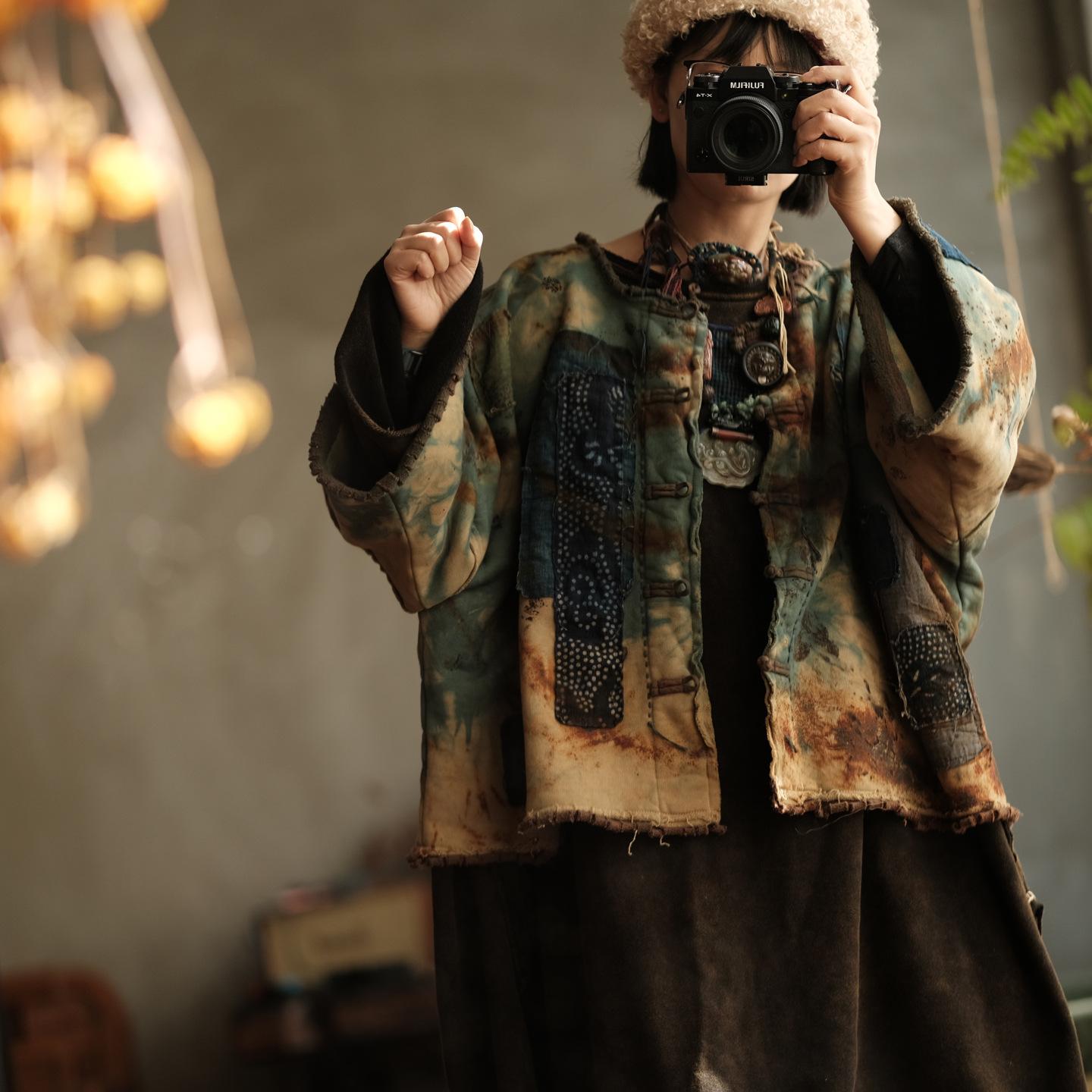 

Johnature Женские винтажные зимние вязаные куртки в китайском стиле, пэчворк, на пуговицах, тай-дай, высококачественные теплые куртки One Size