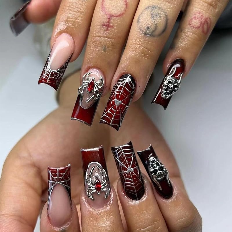 IMRAIN French Press on Nails Long Square Fake Nails Glossy Brown Leopard Print & Cherry Nails Press ons Gel Stick on Nails Full Cover Artificial G-20Wine Red Spider