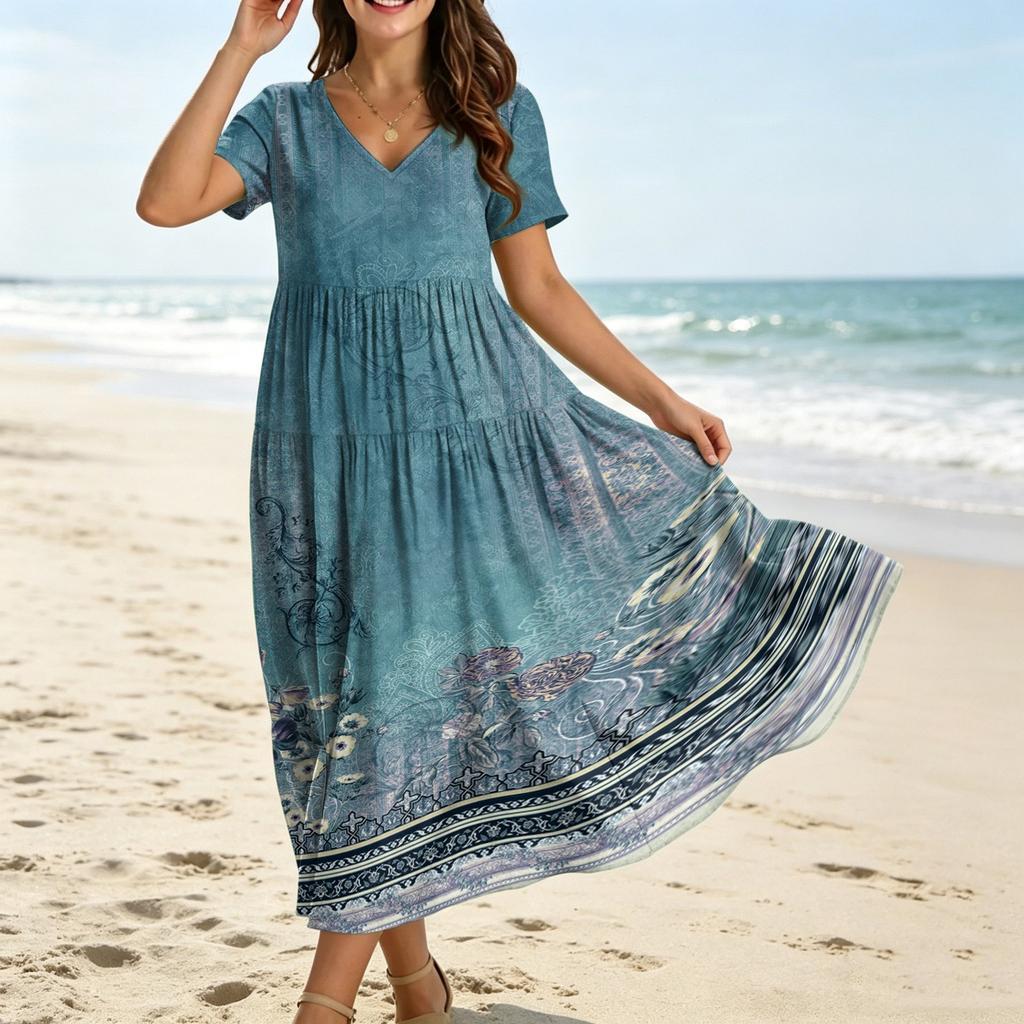 Vestido Midi de Verano para Mujer, Estilo Bohemio, Ajuste Holgado Casual, Estampado Degradado, Manga Corta, Cuello en V, Ropa de Playa