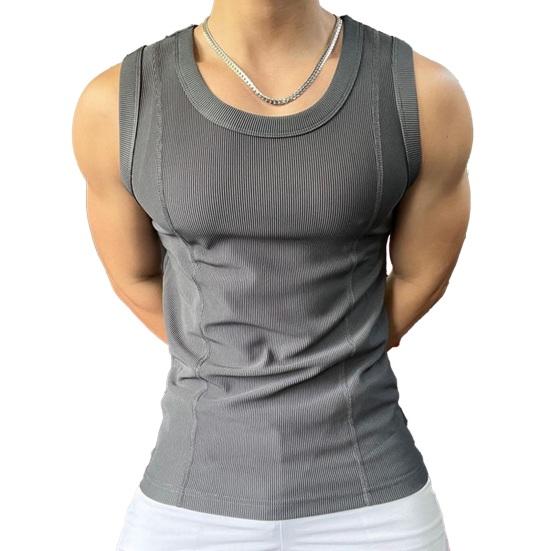 Men Vest Crew Collar Sleeveless Summer Tops Pure Color Ribbed Sport Camisole Lightweight Breathable Quick-Drying Tank Tops