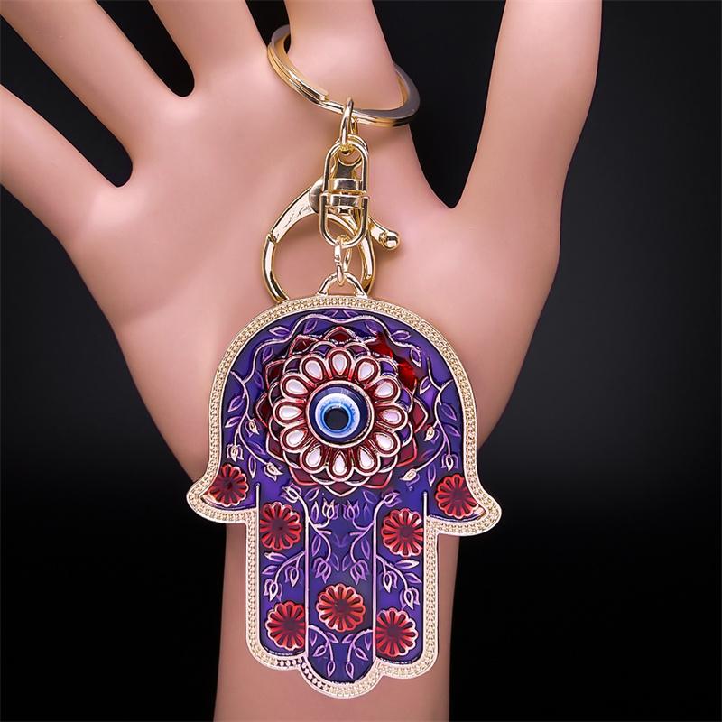 Islam Hand of Fatima Turky Blue Eyes Keychain Lucky Eye Hamsa Hands Flower Keyring Pendant Men Women Jewelry Chaveiro Para Carro