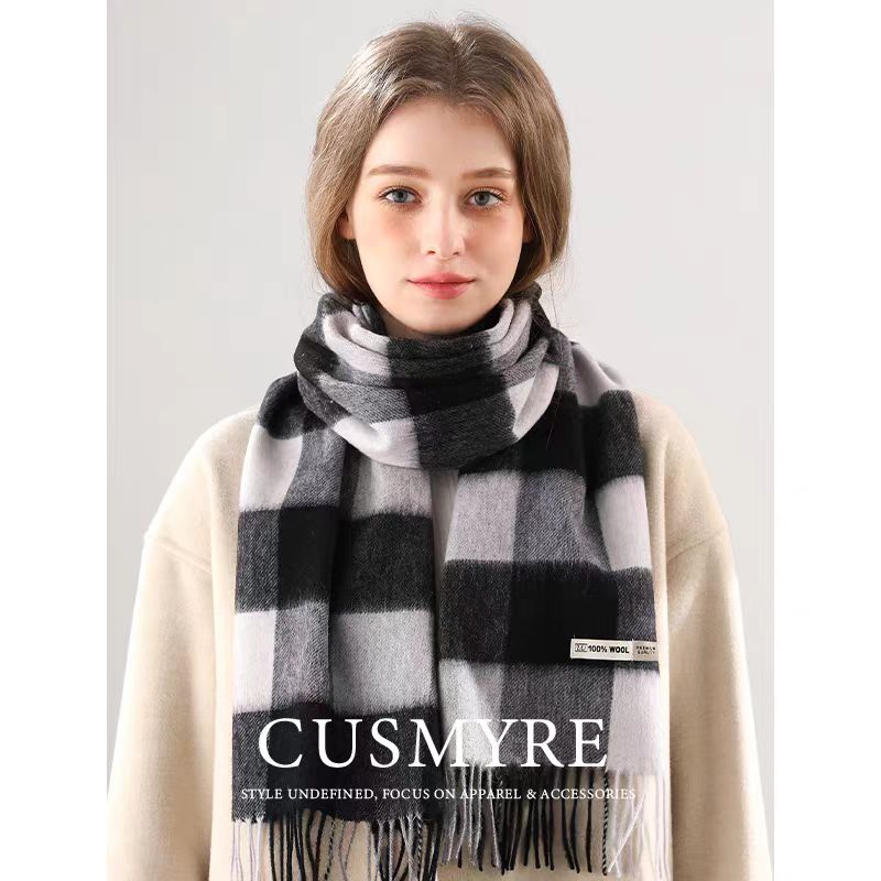 Checkerboard Grain Scarf Female Winter Warm Pure Wool Cashmere Shawl Couple Accessory Premium Sense Windproof Scarf For Women