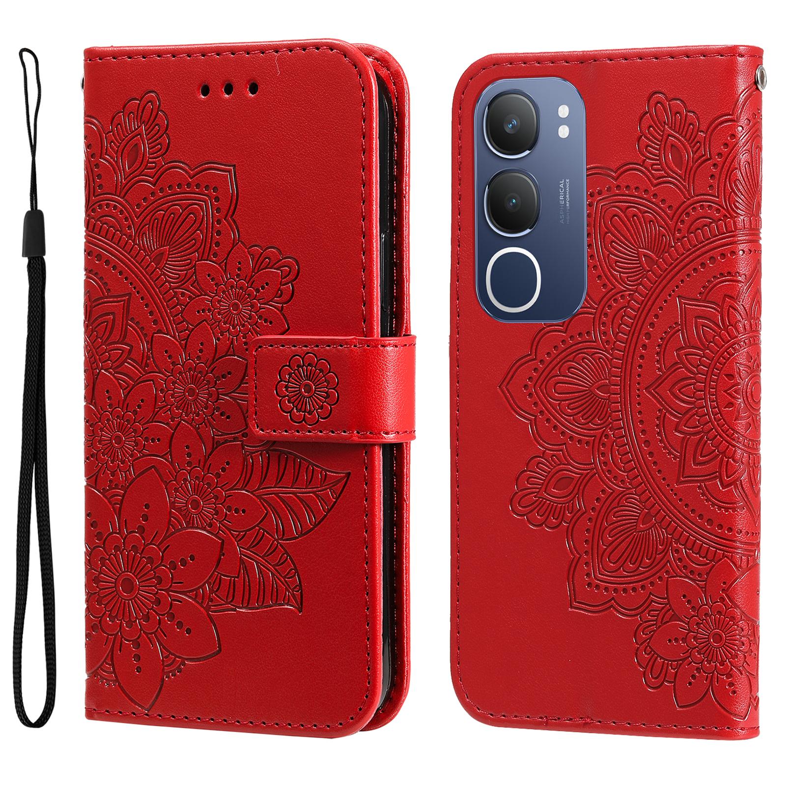 

For vivo Y29 5G/Y19s 4G Case Floral Pattern PU Leather Wallet Stand Phone Cover Red