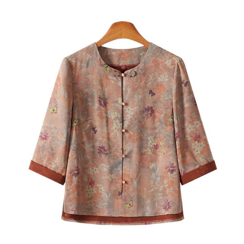 Silk Short-Sleeve Tang Shirt for Elderly Women
