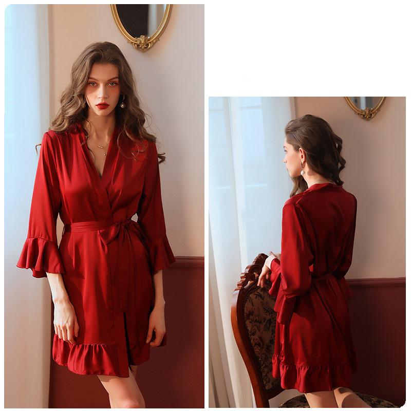 Temptation Private Room Sexy Pajamas Pure Desire Simulation Silk Lotus Leaf Cuff Cardigan Robe Nightgown