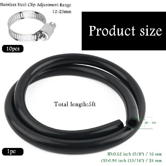 5Ft ID 5/8 Heater Hose,Rubber Radiator Hose Resistant To High And Low Temperatures,Standard Straight Coolant Hoses With 10 Hoses Clamps Capable Of